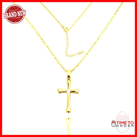 14K Gold Plated Diamond Cross Necklace Minimalist Elegant Pendant Chain
